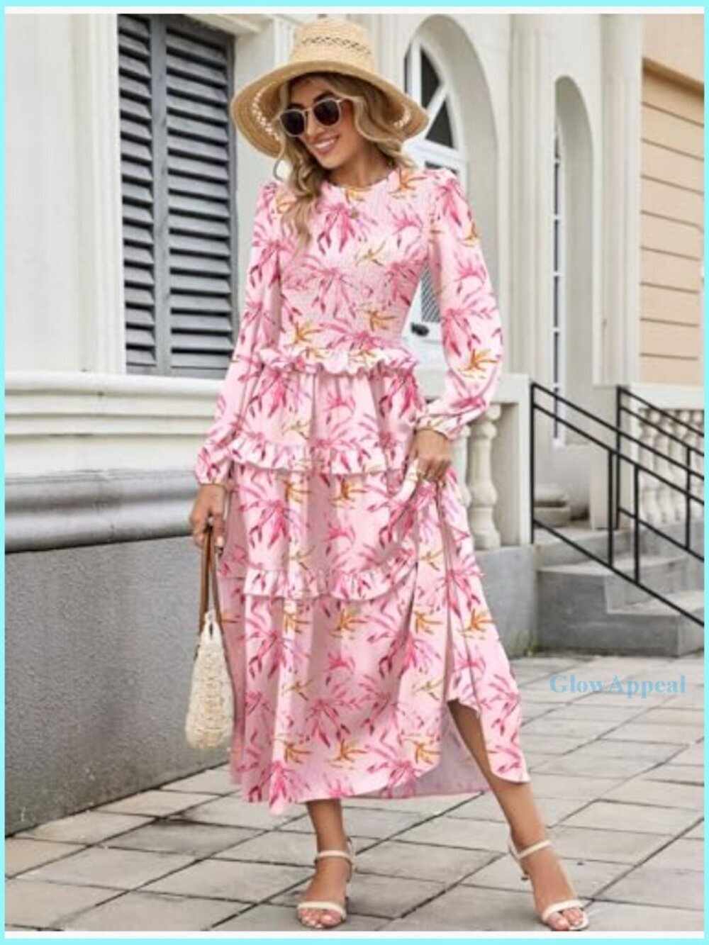 Smocked Maxi Dress Long Puff Sleeve Tiered Ruffle Boho Wedding Guest - Picture 4 of 7
